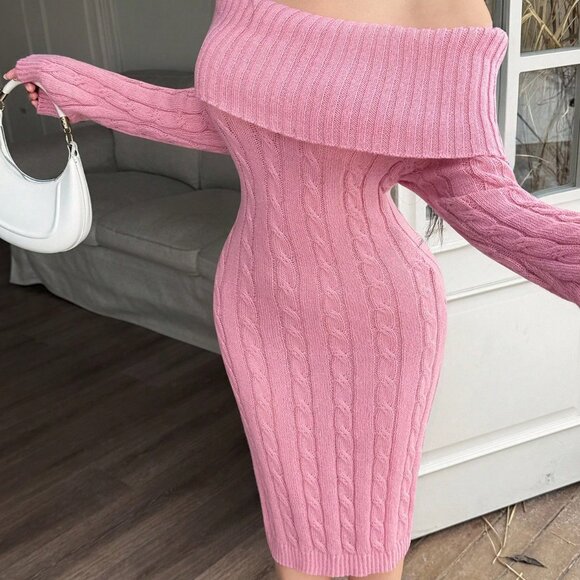 Pink Elegant Women's Tie-Neck Off Shoulder Long Sleeve Fitted Knit Midi Dress - Picture 4 of 5